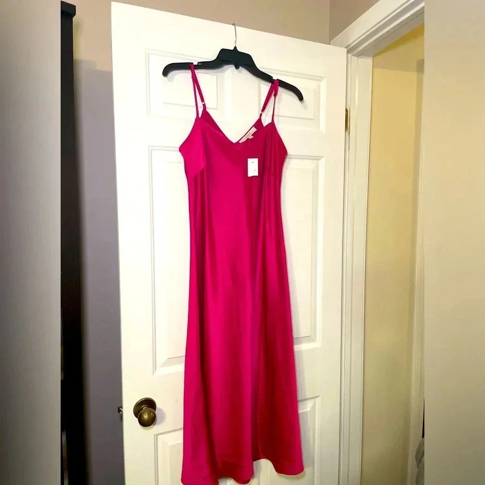 Loft Slip Dress Maxi Size 4 Rose Color Double V Neck Silky Spaghetti Straps NEW